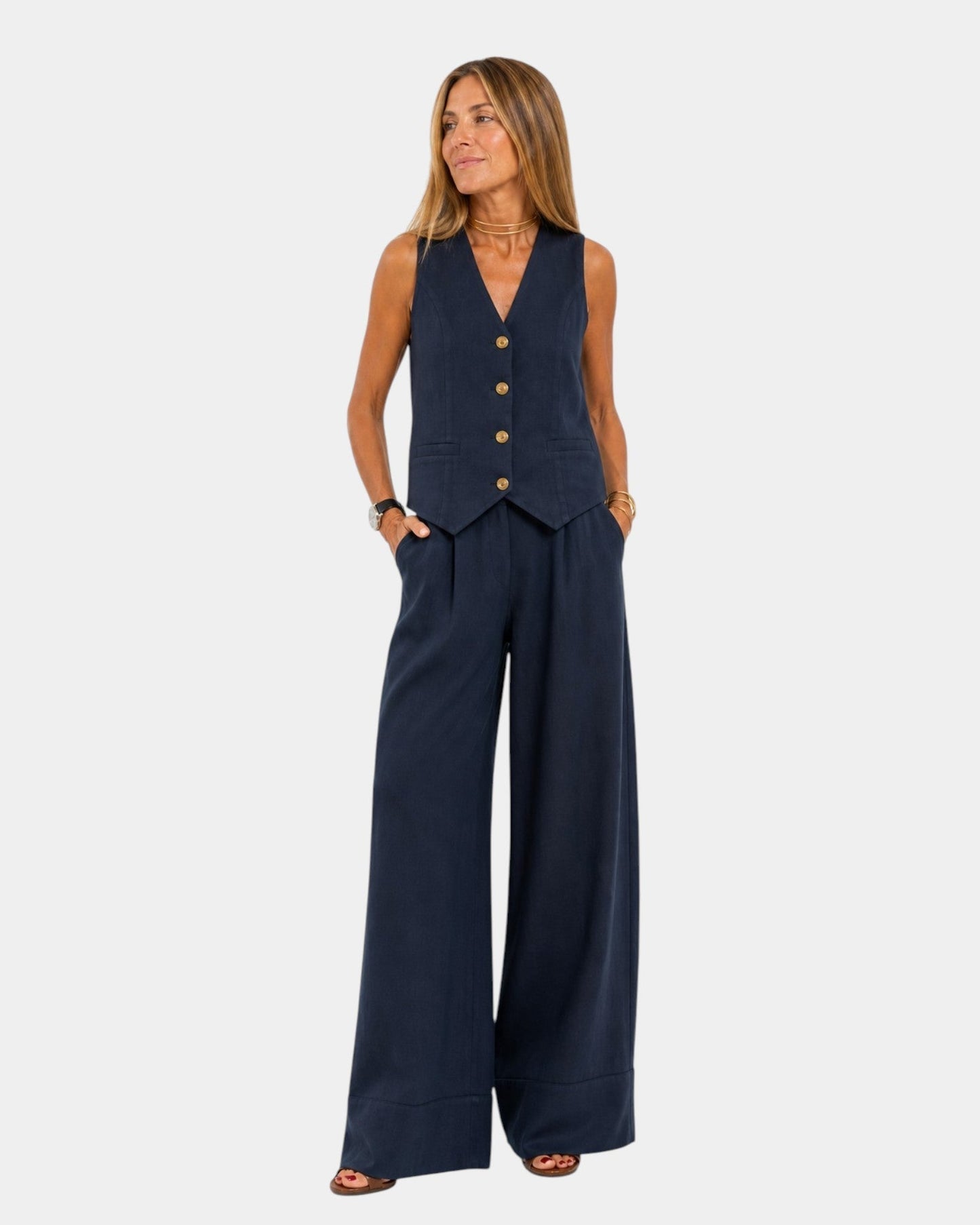 Solenna | Sleeveless Vest and Wide Leg Trouser Set
