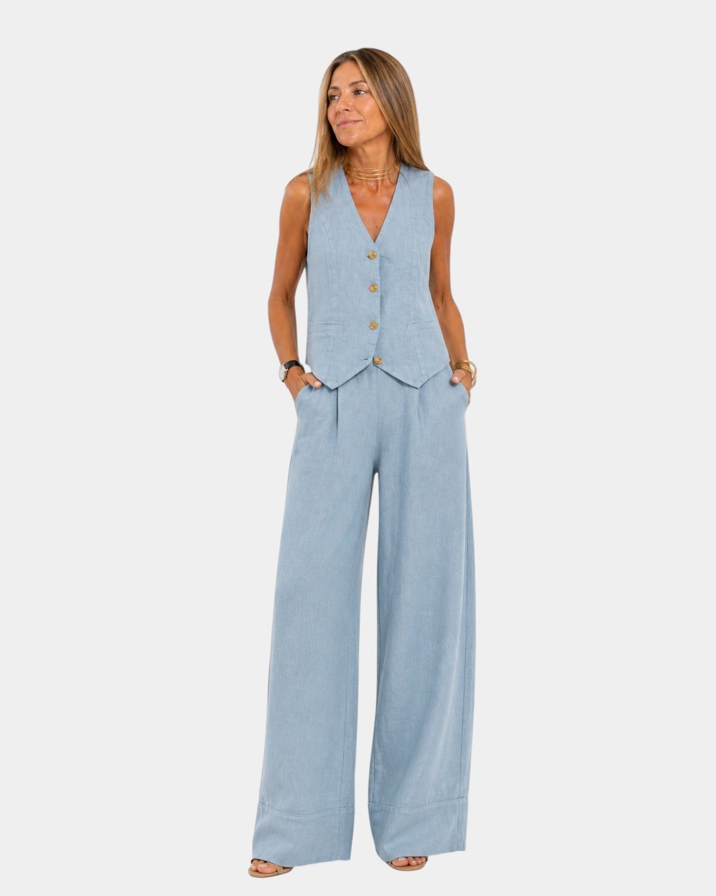 Solenna | Sleeveless Vest and Wide Leg Trouser Set
