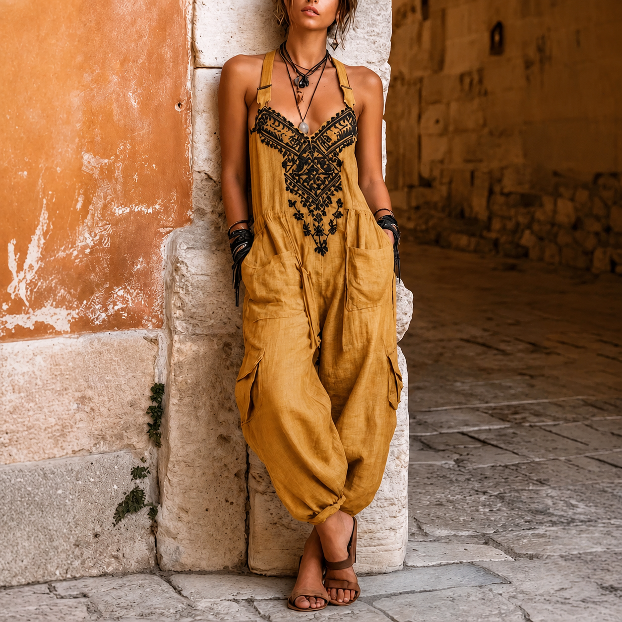 Cyrene | Relaxed Embroidered Harem Jumpsuit