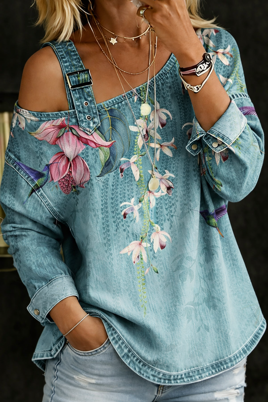 Selora | Printed Relaxed Fit Denim Blouse