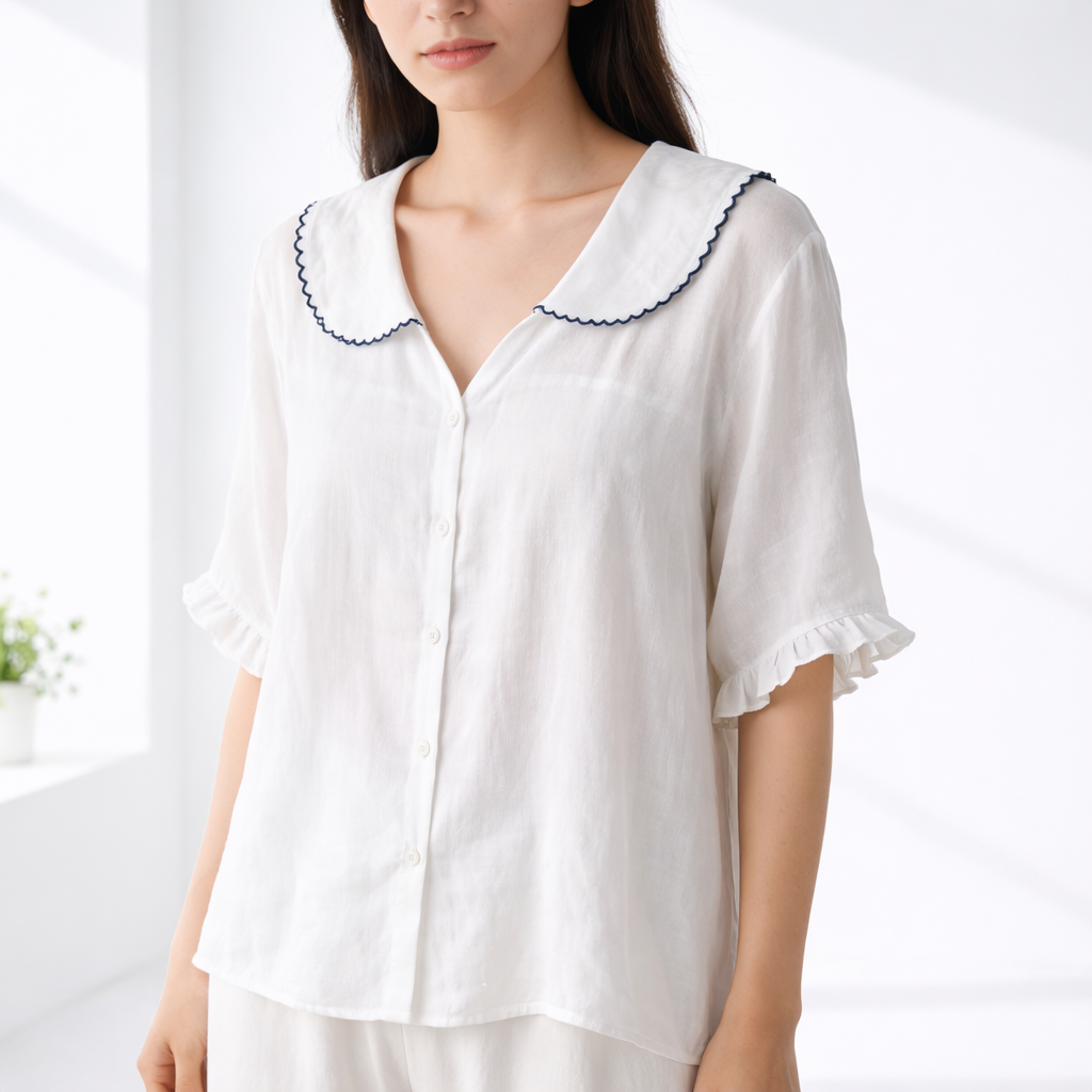 Elarisse | Scalloped Collar Linen Blouse