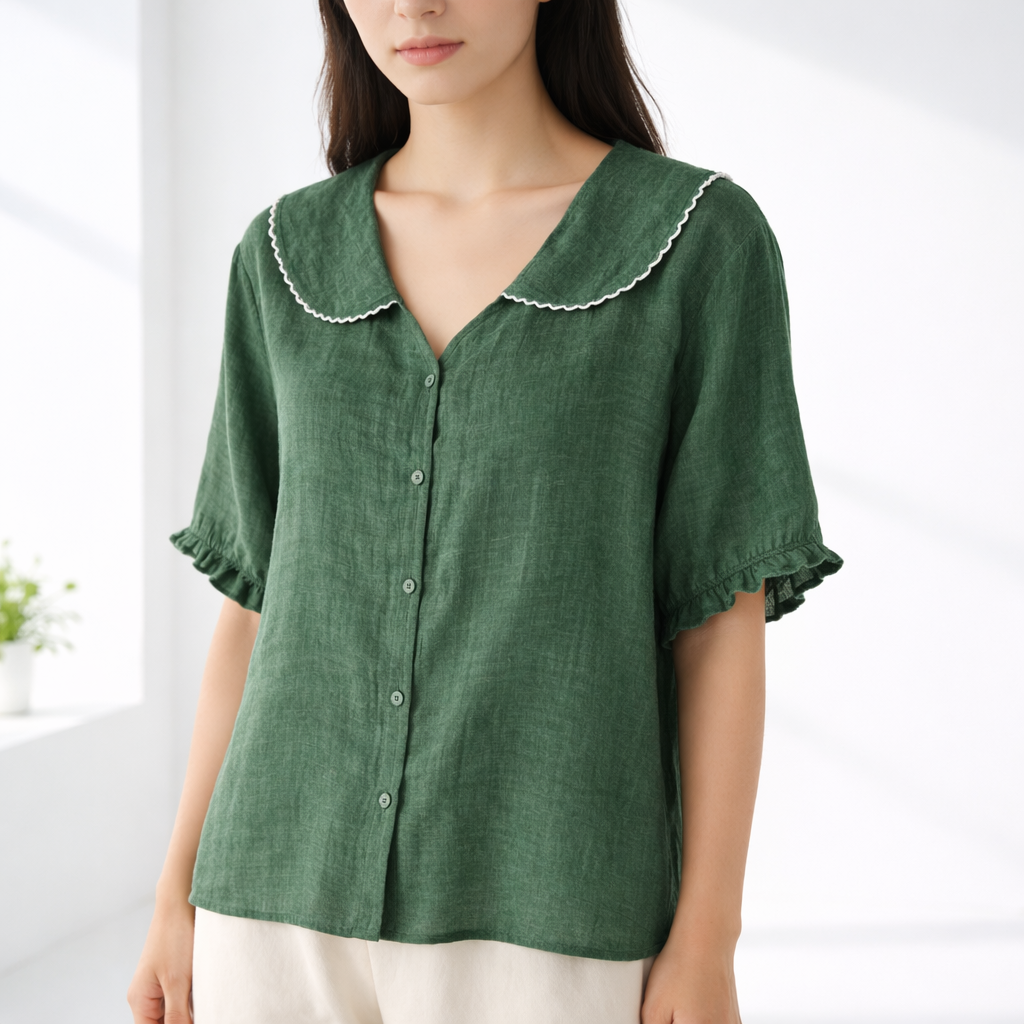 Elarisse | Scalloped Collar Linen Blouse