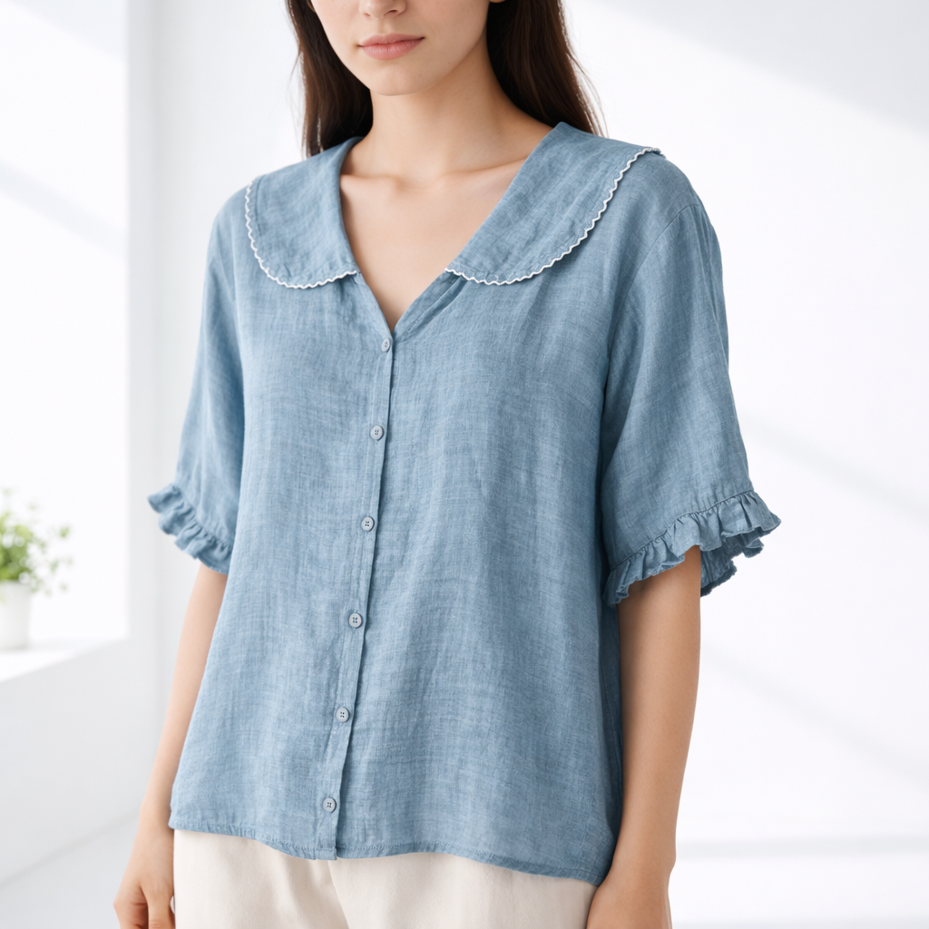 Elarisse | Scalloped Collar Linen Blouse
