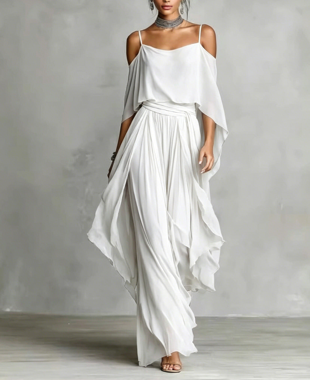 Mirellune | Cold Shoulder Chiffon Two Piece Set