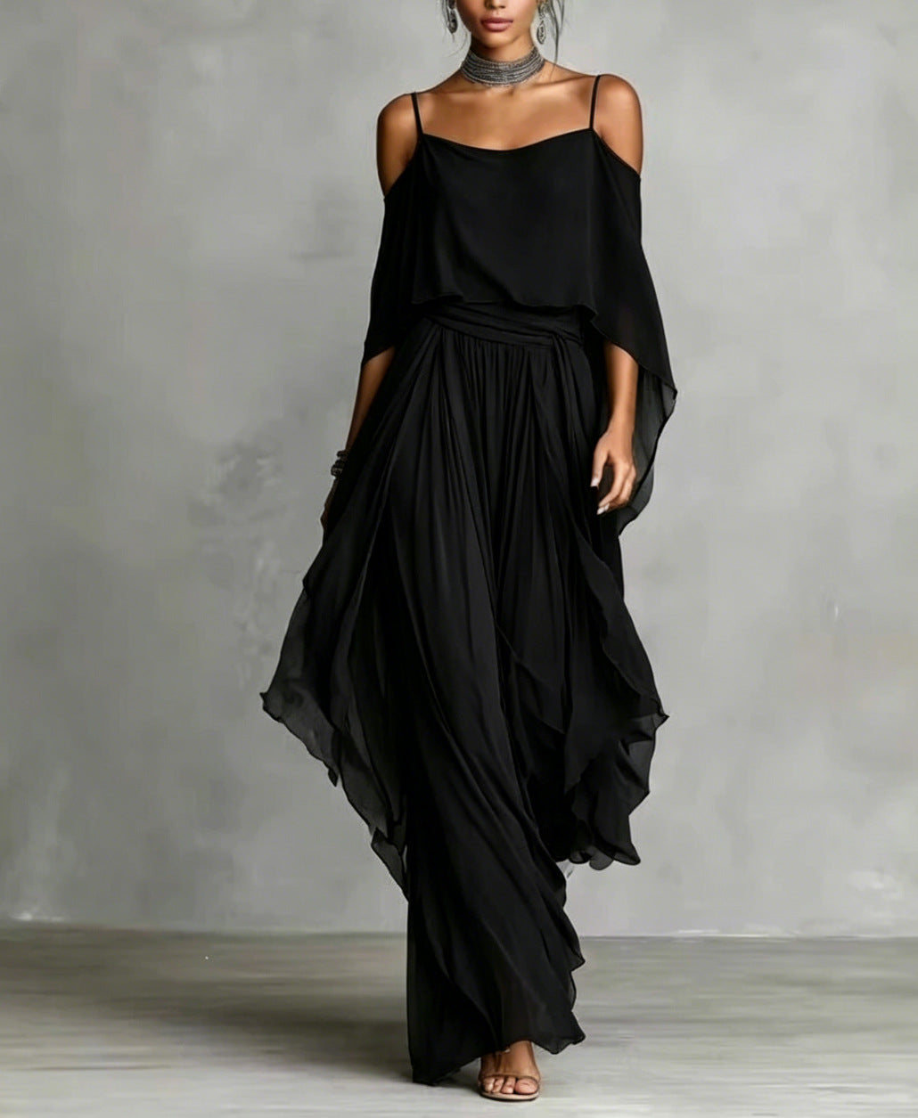 Mirellune | Cold Shoulder Chiffon Two Piece Set