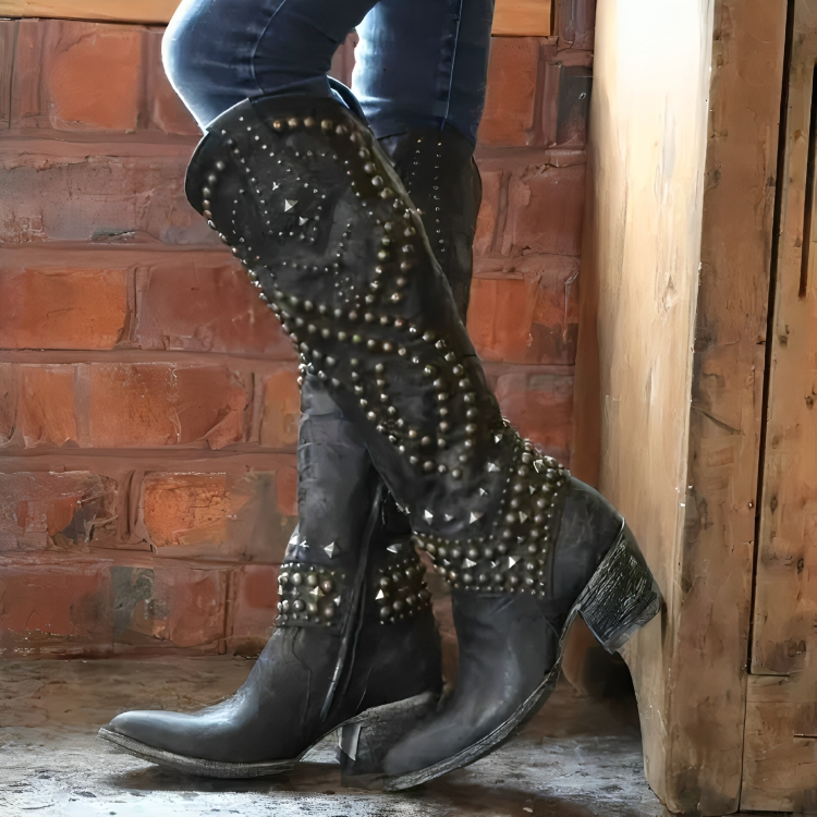 Roxelana | Distressed Studded Cowboy Boots