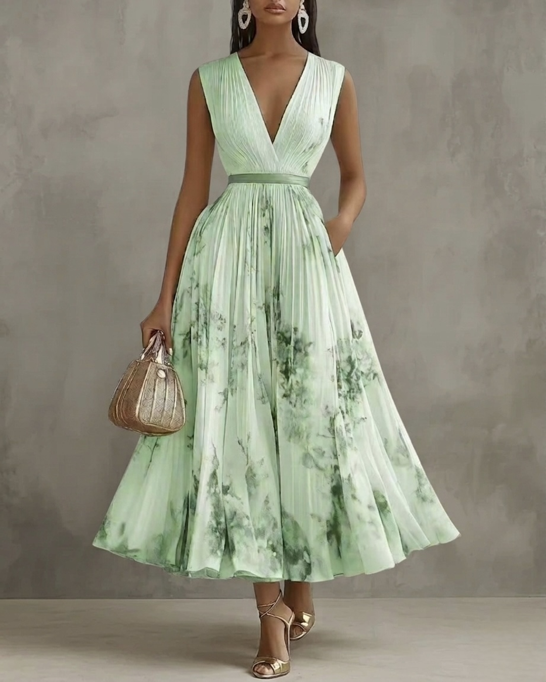 Evelisse | Watercolor Pleated Midi Dress