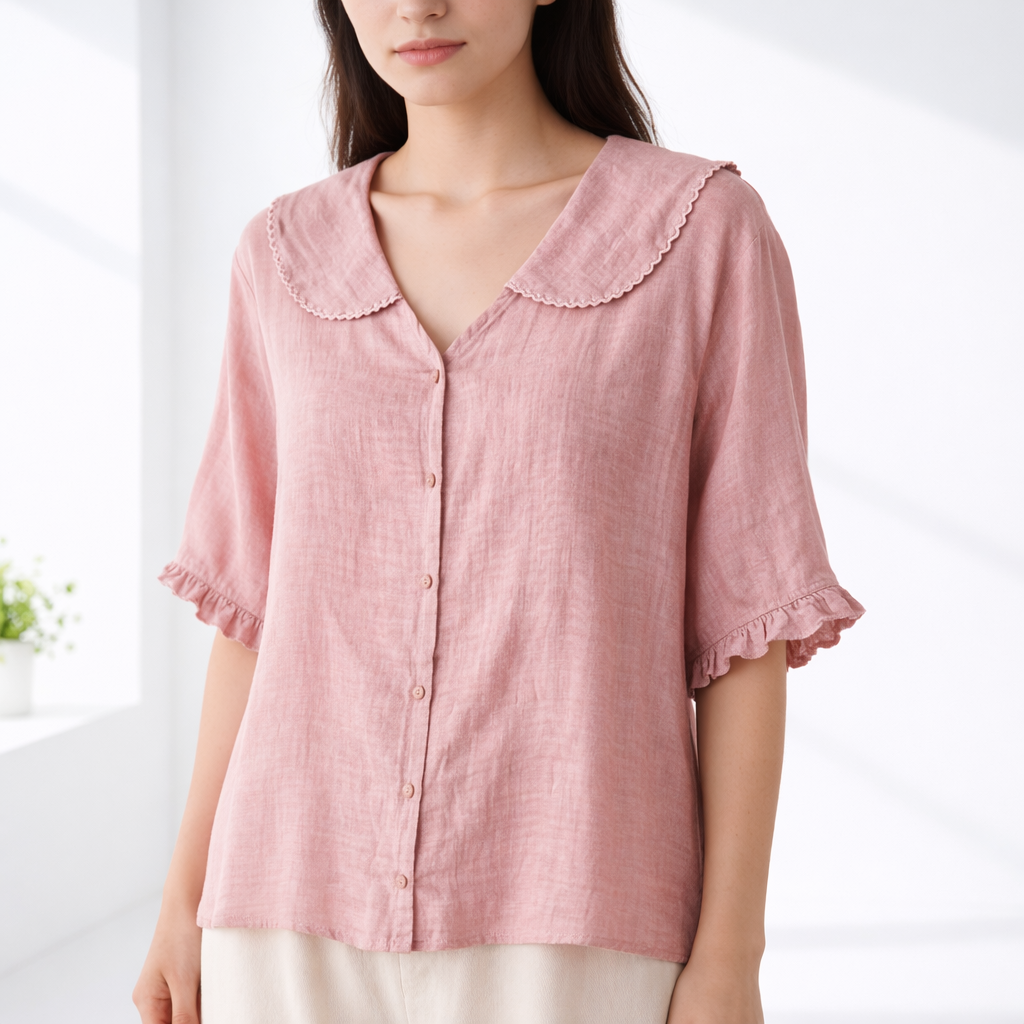 Elarisse | Scalloped Collar Linen Blouse