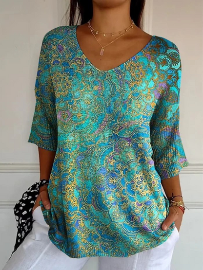 Mirevora | Printed V Neck Casual Blouse
