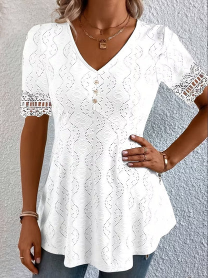 Corvalina | Eyelet Lace Trim Casual Blouse