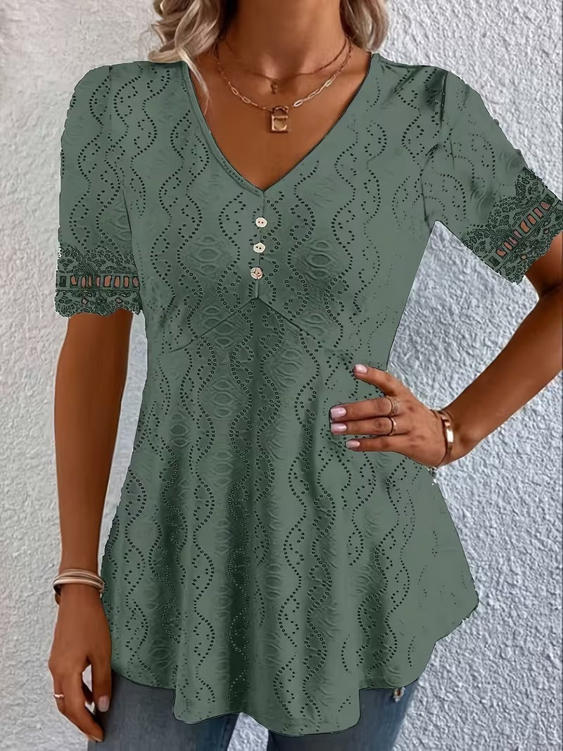 Corvalina | Eyelet Lace Trim Casual Blouse