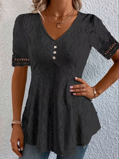 Corvalina | Eyelet Lace Trim Casual Blouse