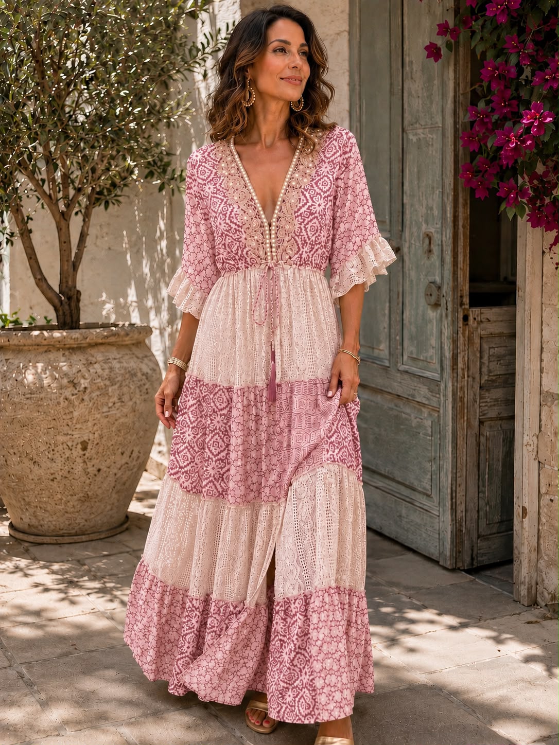 Zelina | Tiered Lace Panel Maxi Dress
