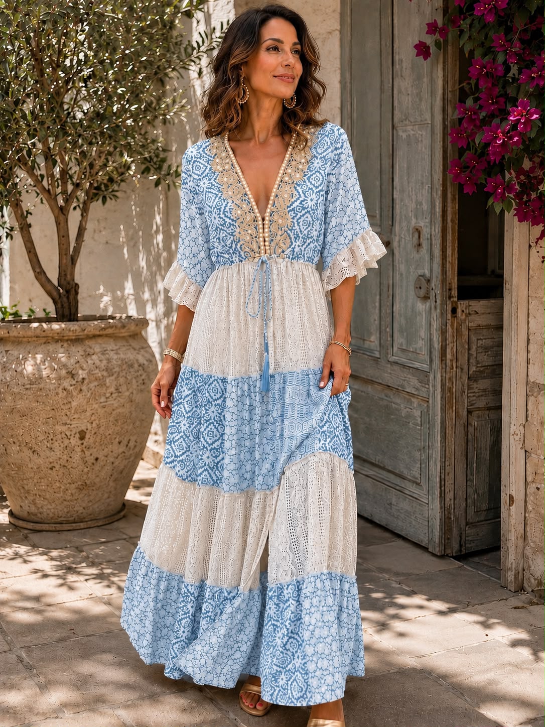 Zelina | Tiered Lace Panel Maxi Dress