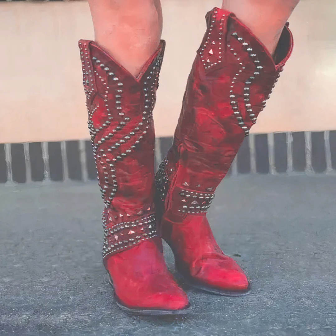 Roxelana | Distressed Studded Cowboy Boots