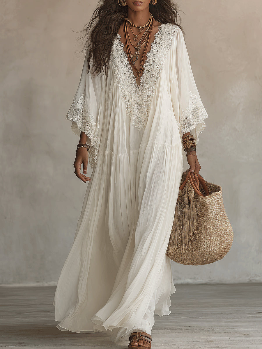 Quenovia | Airy Crochet Trim Maxi Dress