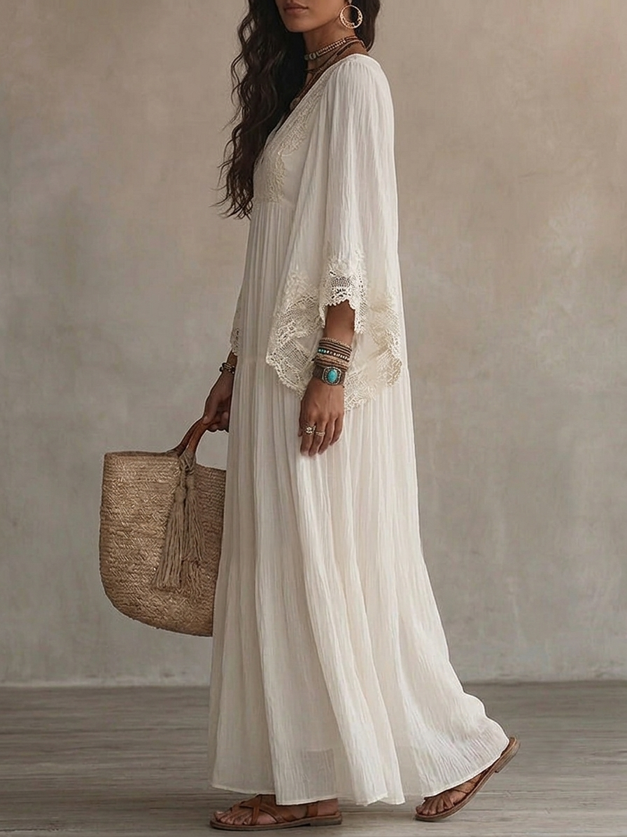 Quenovia | Airy Crochet Trim Maxi Dress