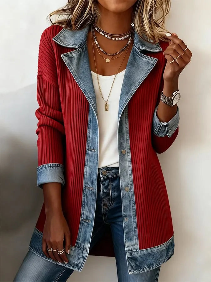 Solmira | Denim Detail Long Knit Cardigan
