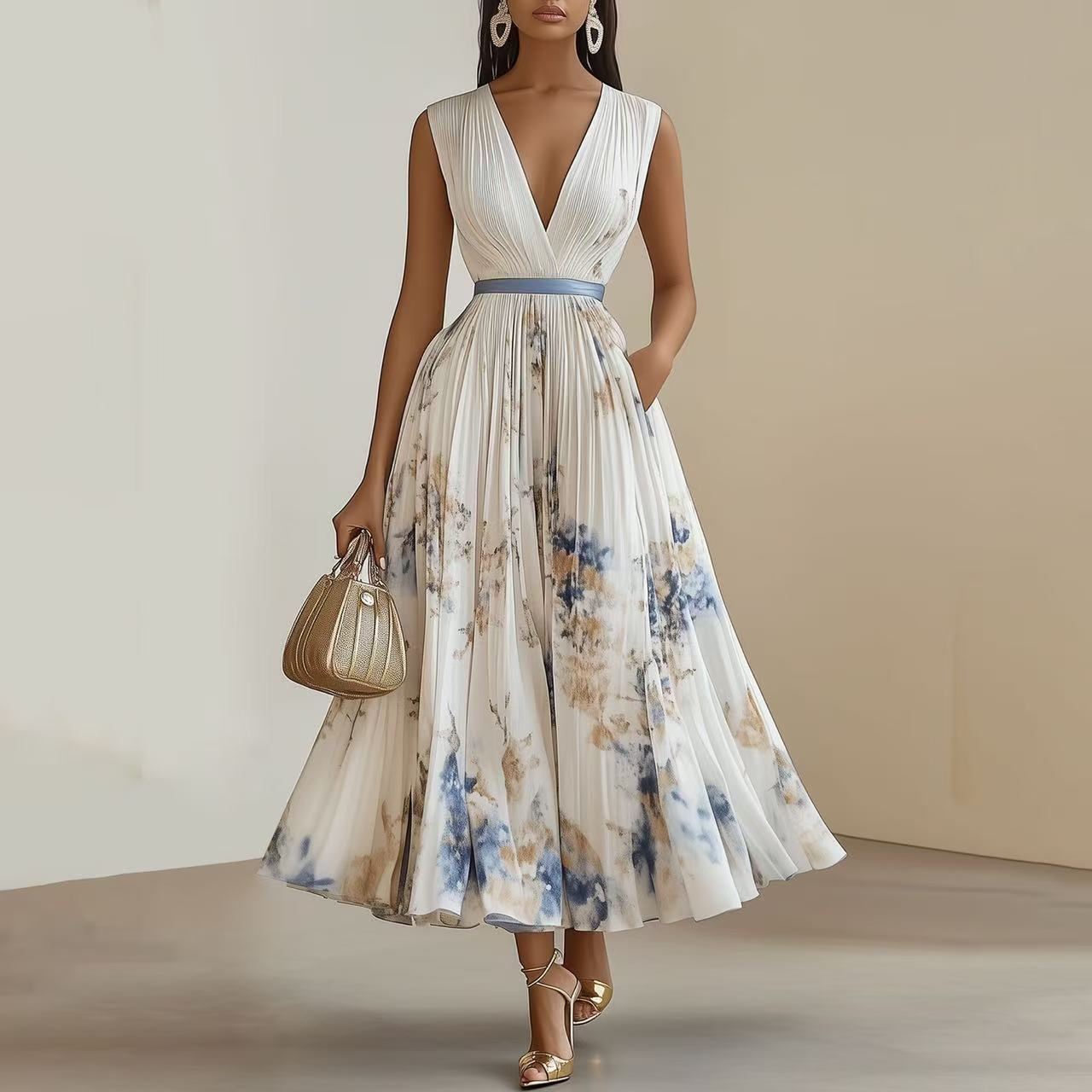 Evelisse | Watercolor Pleated Midi Dress