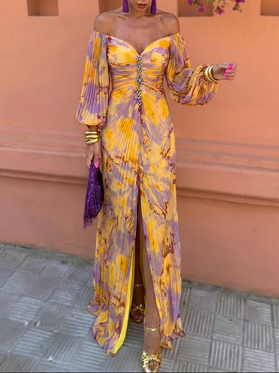Lioraine | Pleated Watercolor Maxi Dress