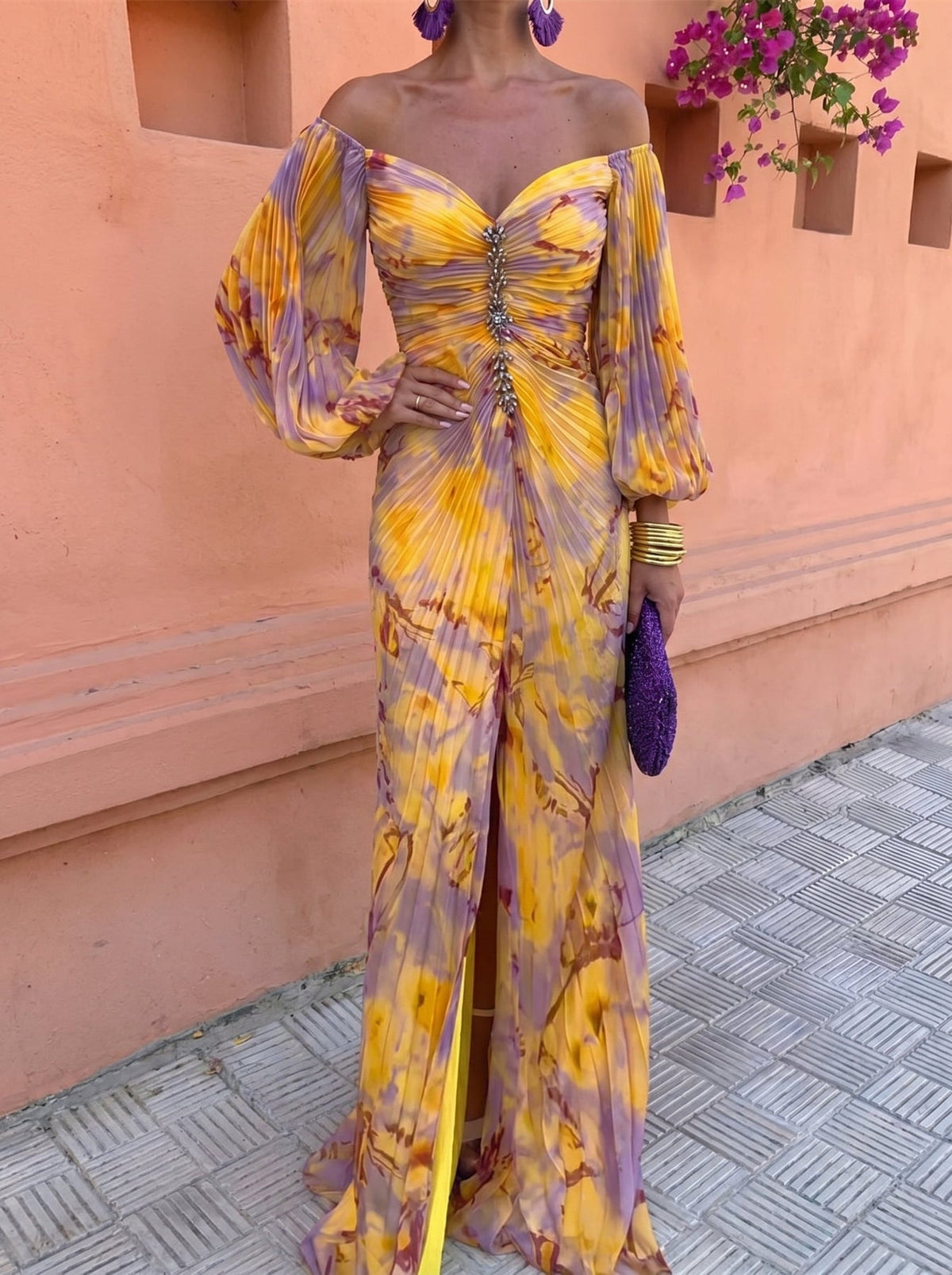 Lioraine | Pleated Watercolor Maxi Dress