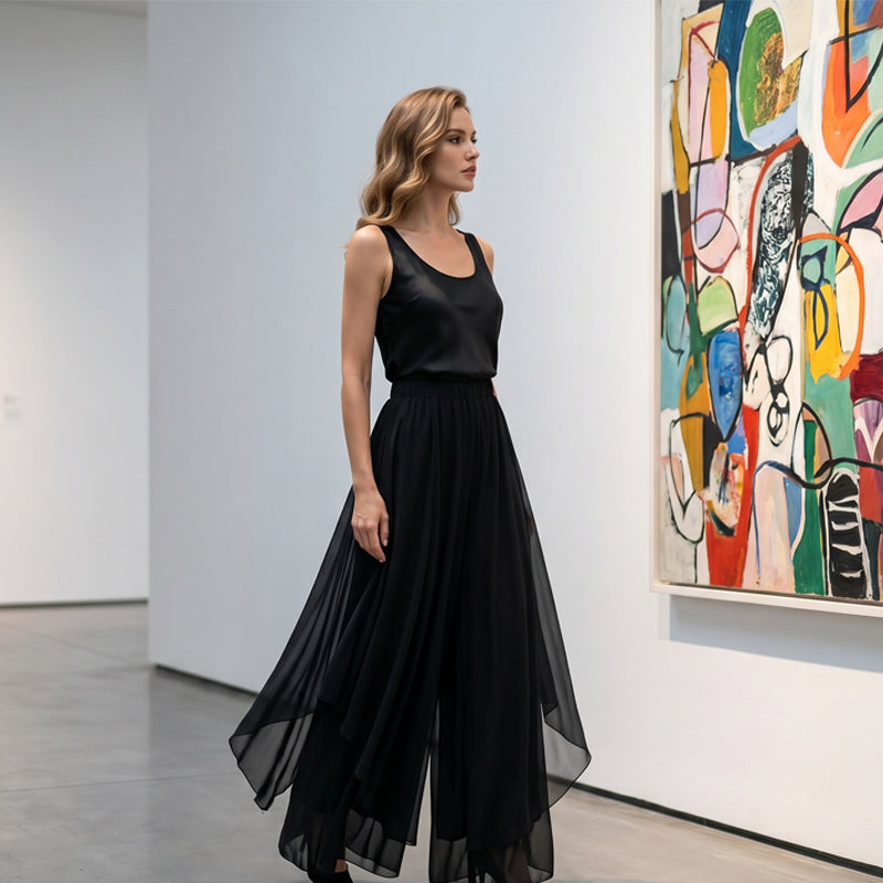 Maristelle | Layered Mesh Wide Leg Trousers