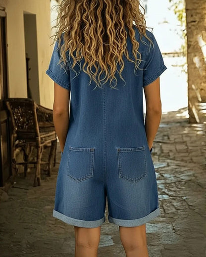 Calvessia | Rolled Sleeve Denim Utility Romper