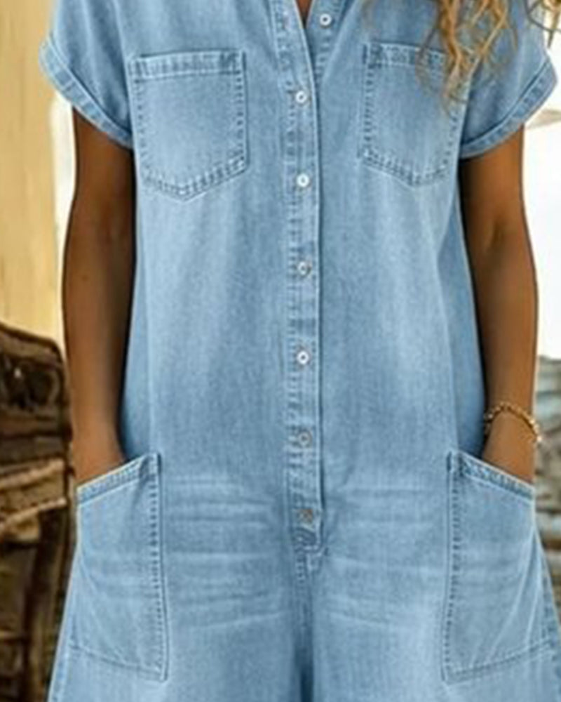 Calvessia | Rolled Sleeve Denim Utility Romper