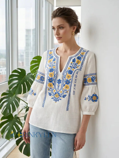 Aislinn | Floral Embroidered Peasant Blouse
