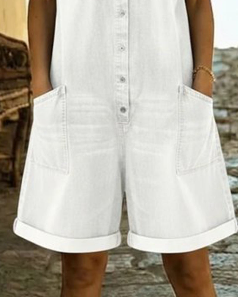 Calvessia | Rolled Sleeve Denim Utility Romper