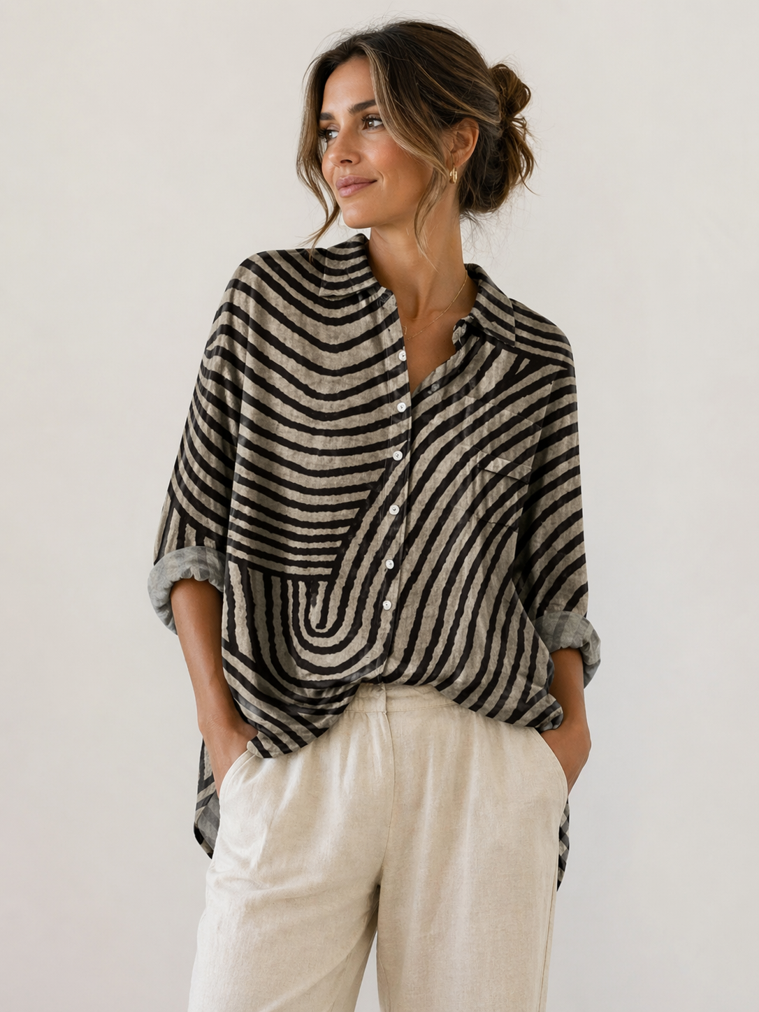 Cressida | Roll Sleeve Geometric Pattern Blouse