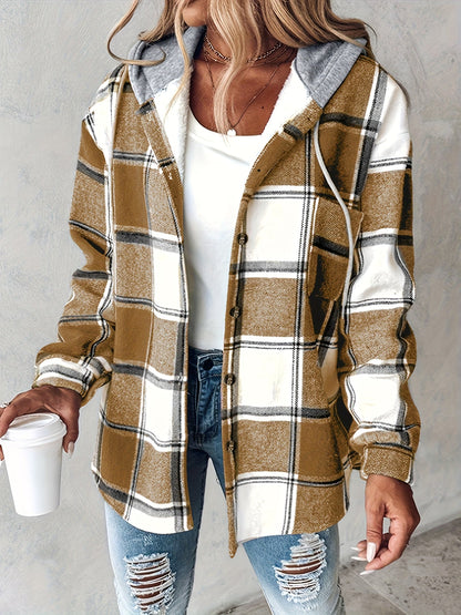 Ruelle | Cozy Plaid Button Hooded Jacket