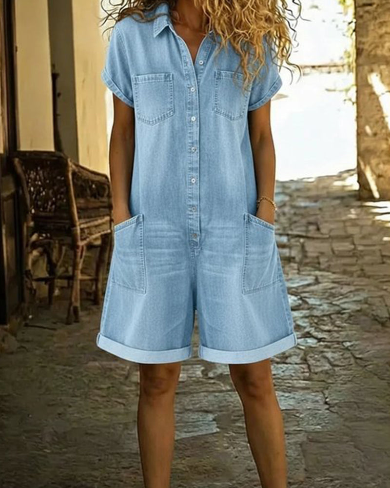 Calvessia | Rolled Sleeve Denim Utility Romper