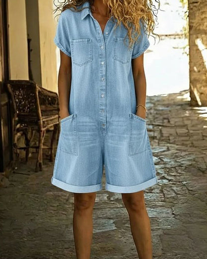Calvessia | Rolled Sleeve Denim Utility Romper
