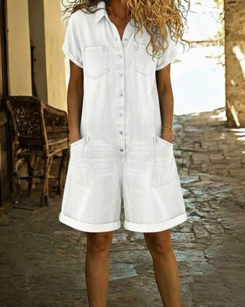 Calvessia | Rolled Sleeve Denim Utility Romper