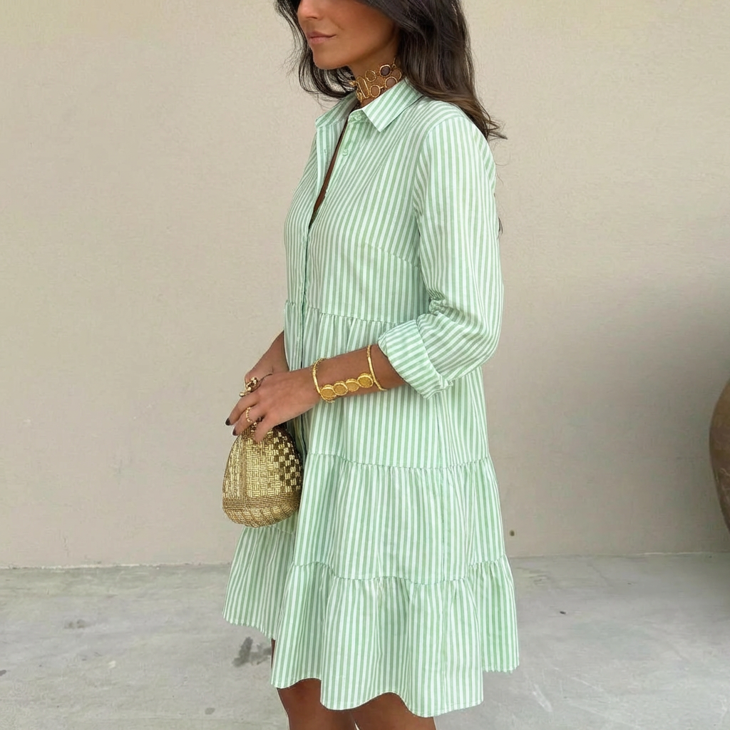 Mirellis | Striped Tiered Shirt Dress