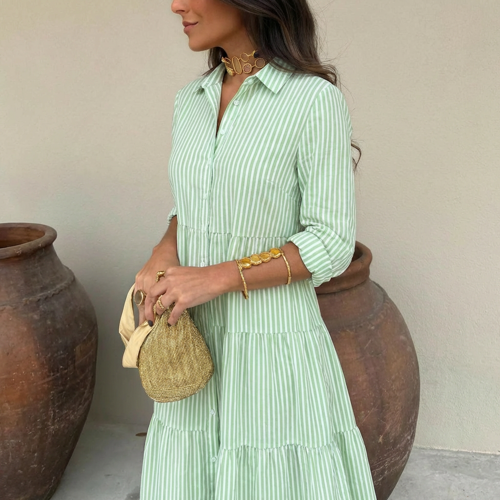 Mirellis | Striped Tiered Shirt Dress