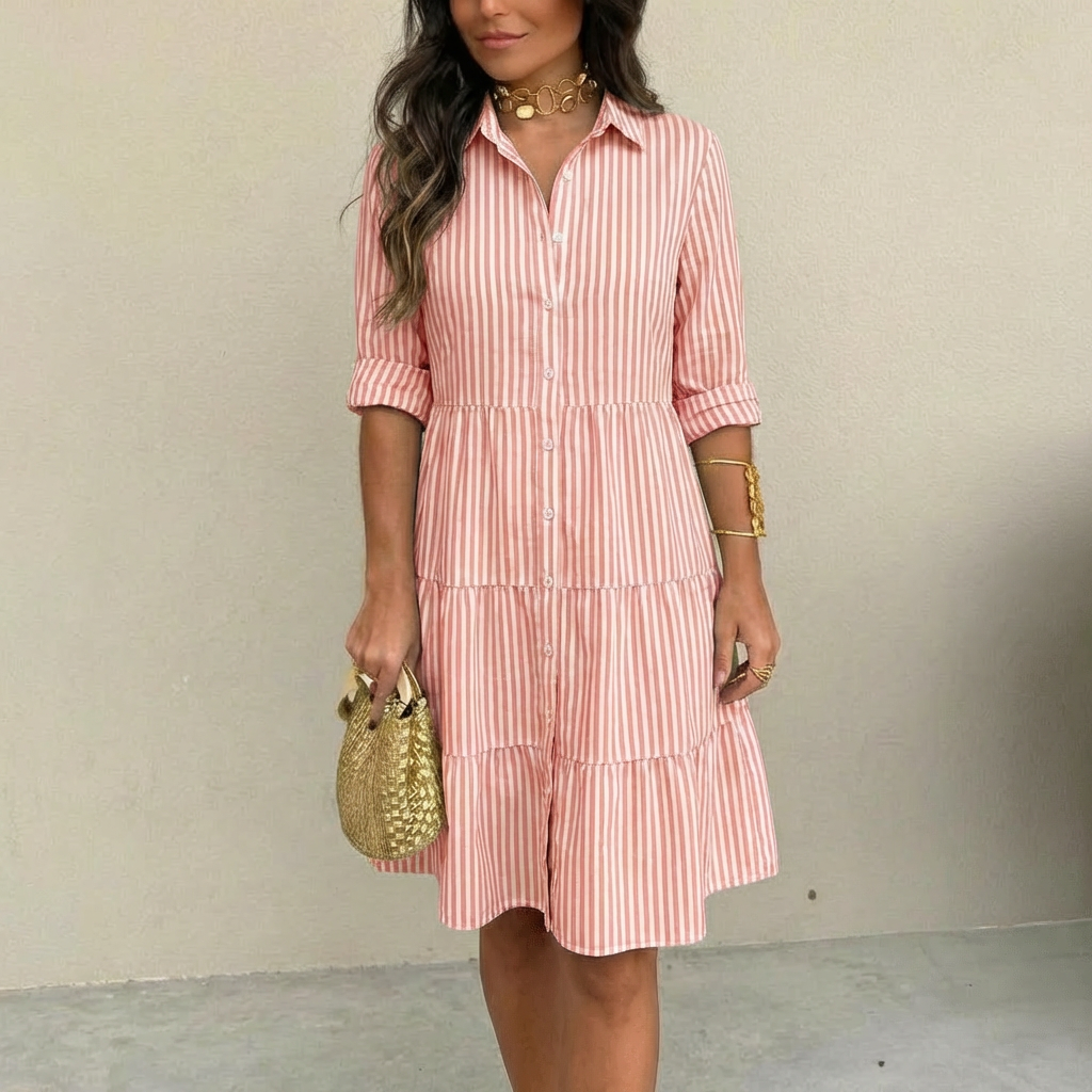 Mirellis | Striped Tiered Shirt Dress