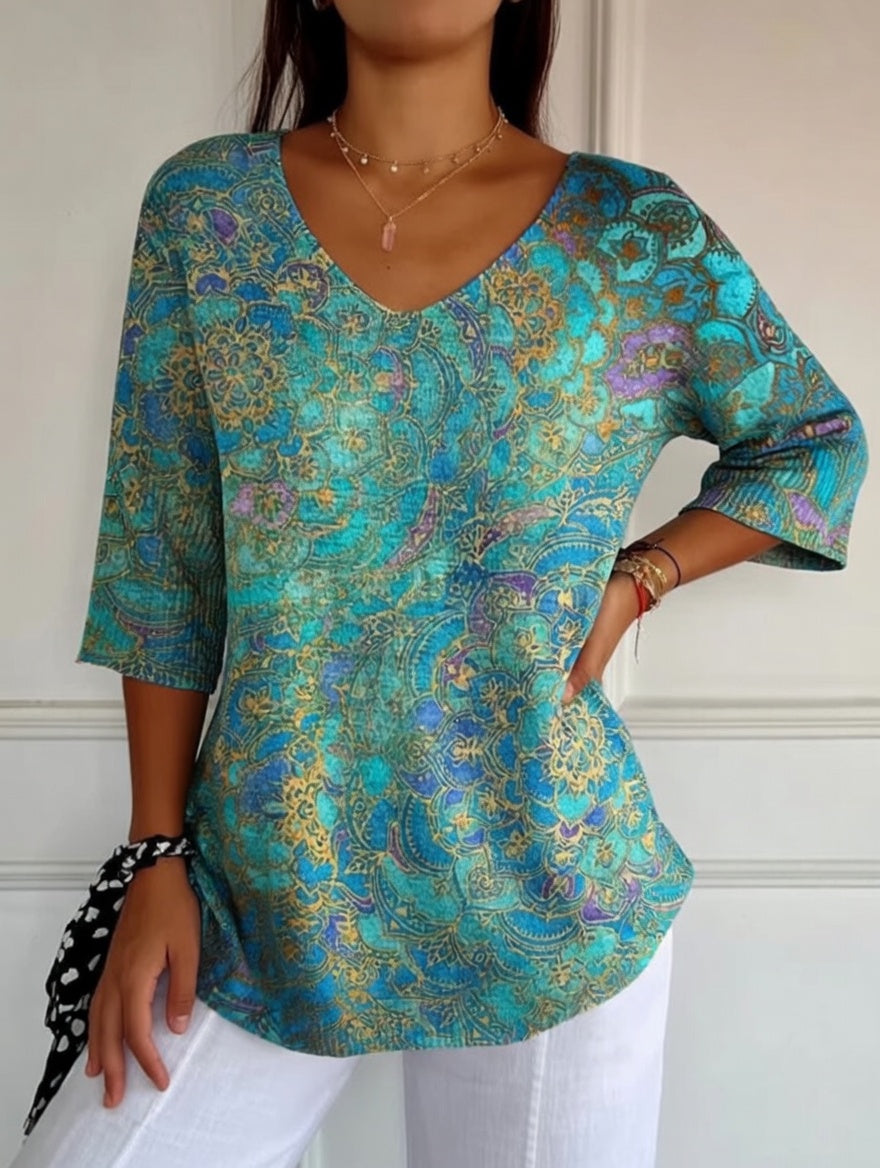 Mirevora | Printed V Neck Casual Blouse