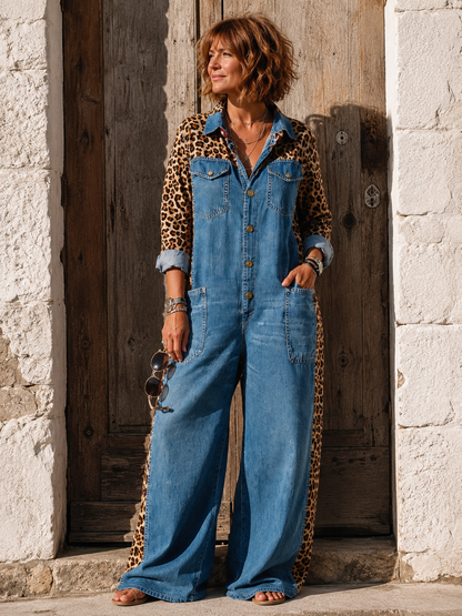 Corlisse | Leopard Panel Denim Wide Leg Jumpsuit