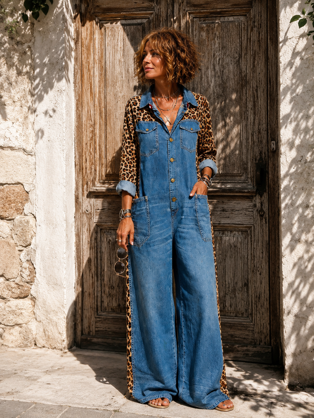 Corlisse | Leopard Panel Denim Wide Leg Jumpsuit