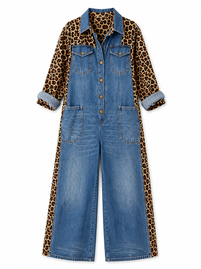 Corlisse | Leopard Panel Denim Wide Leg Jumpsuit