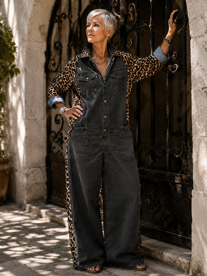 Corlisse | Leopard Panel Denim Wide Leg Jumpsuit