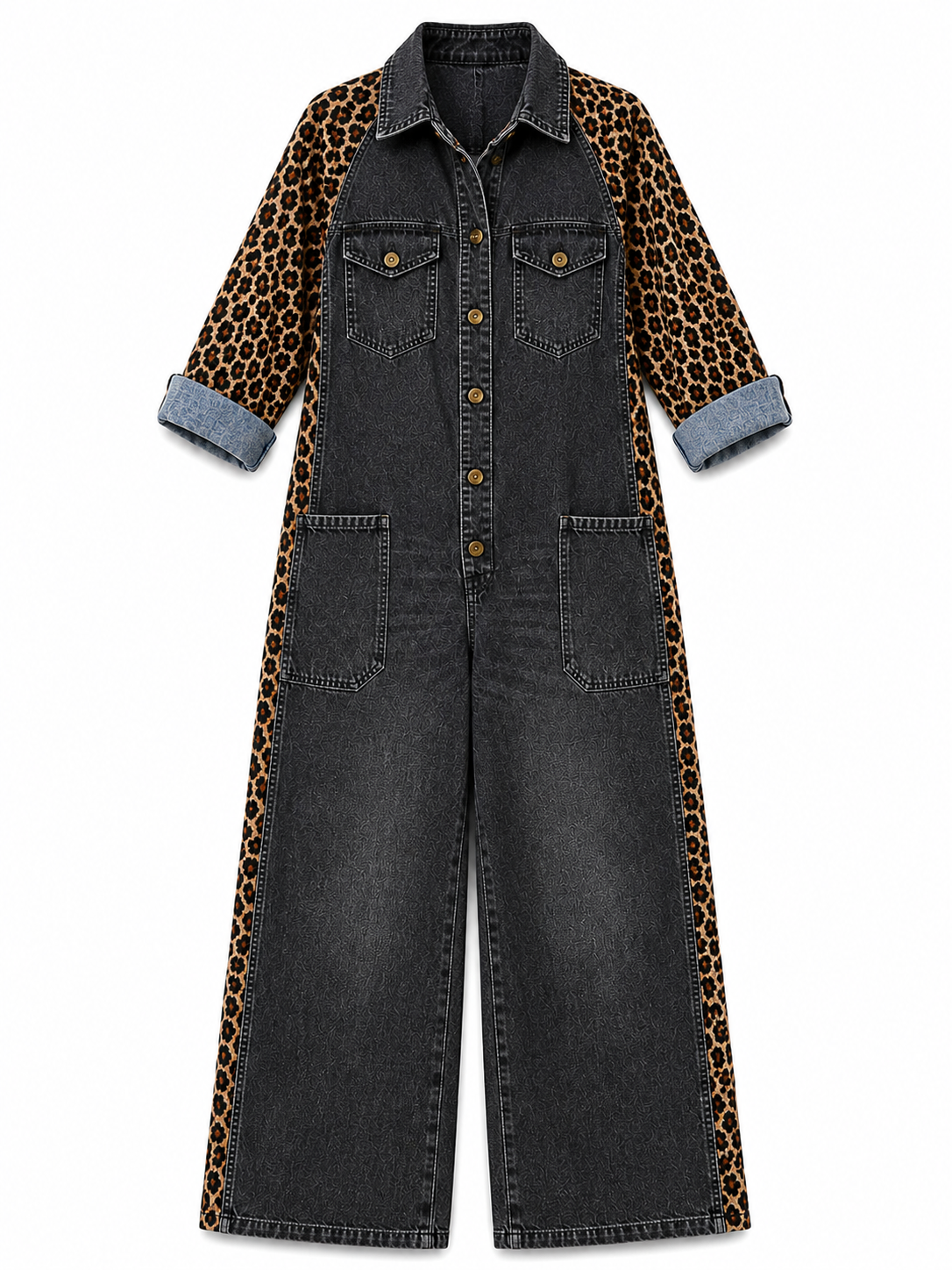 Corlisse | Leopard Panel Denim Wide Leg Jumpsuit