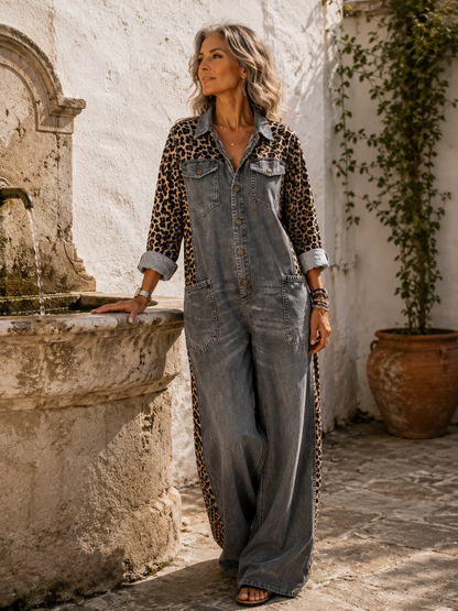 Corlisse | Leopard Panel Denim Wide Leg Jumpsuit