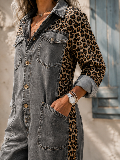 Corlisse | Leopard Panel Denim Wide Leg Jumpsuit