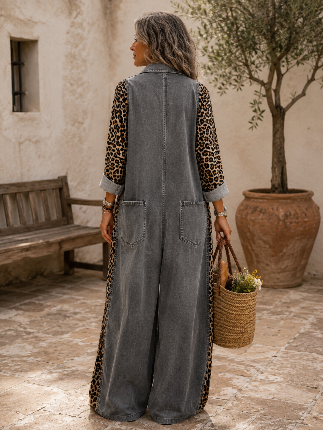 Corlisse | Leopard Panel Denim Wide Leg Jumpsuit