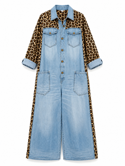 Corlisse | Leopard Panel Denim Wide Leg Jumpsuit