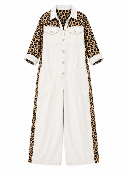Corlisse | Leopard Panel Denim Wide Leg Jumpsuit