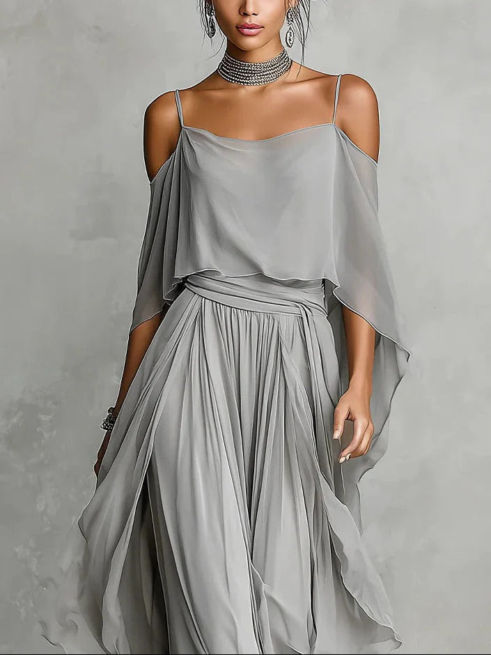 Mirellune | Cold Shoulder Chiffon Two Piece Set